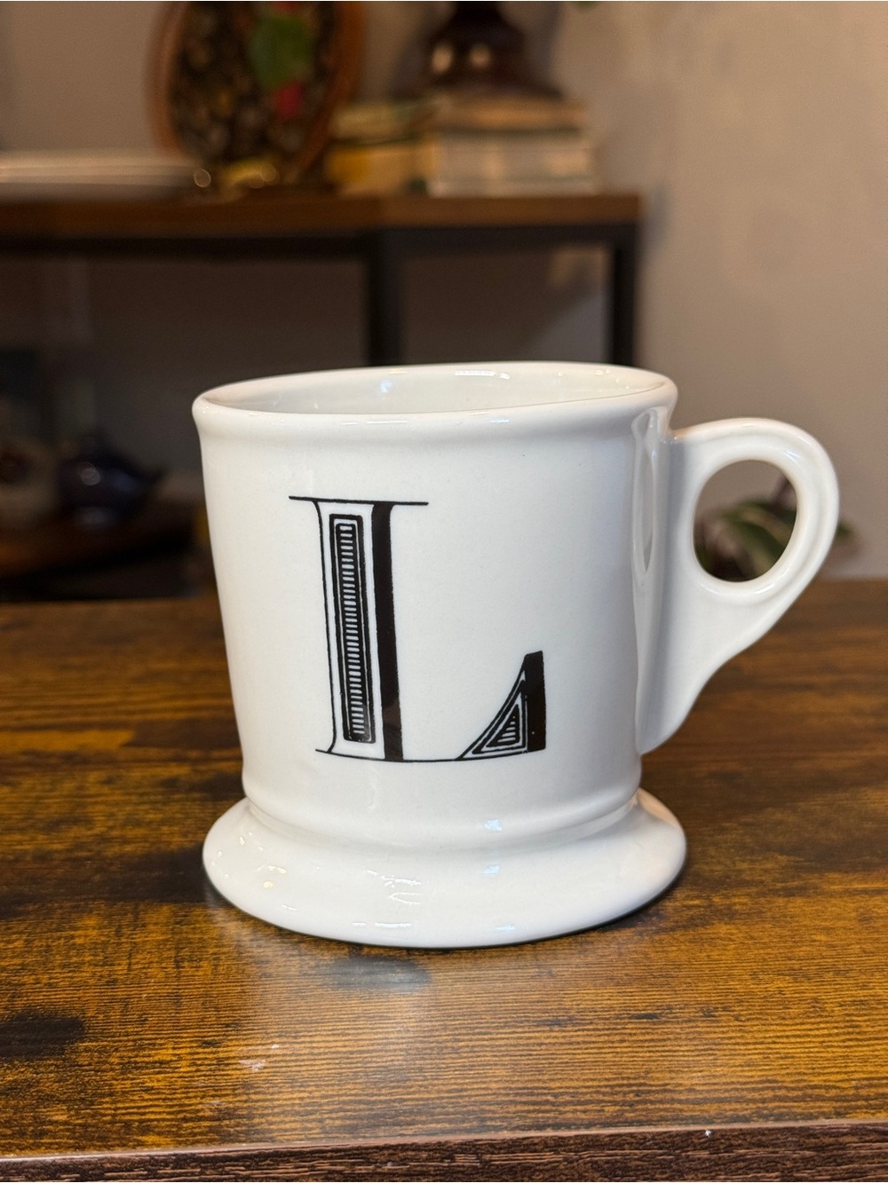 Anthropologie Magenta Monogram Letter L Mug White Black Pedestal Coffee Cup